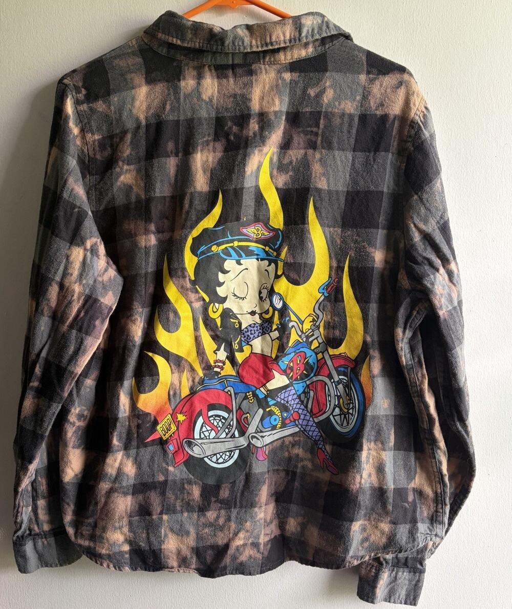 Betty Boop Motorcycle Biker Flames Bleached Plaid Flannel Shirt Women’s Medium